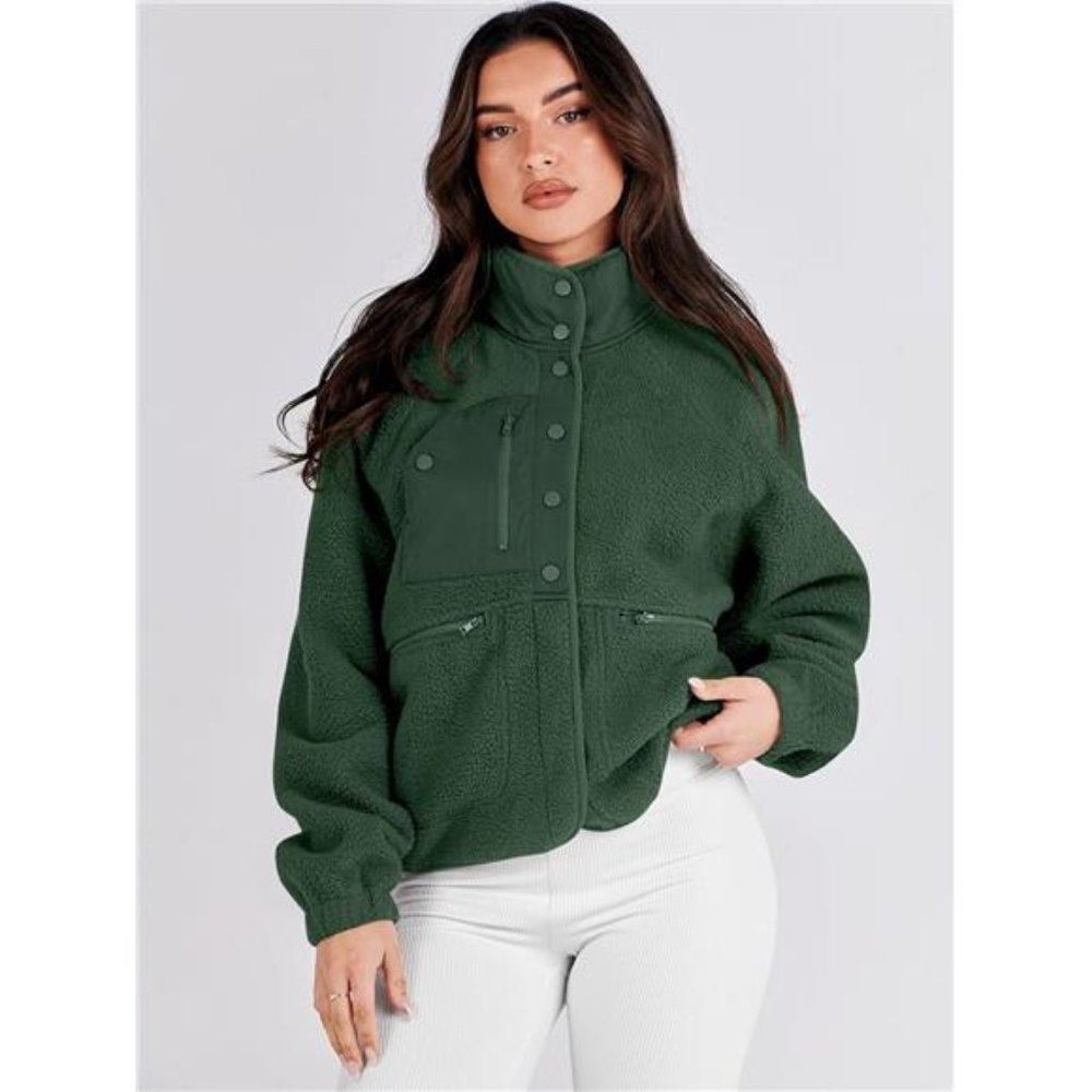 Fleece Jacket Button Down Shacket Sherpa Cropped Coats with Pockets For Women - Picture 5 of 6